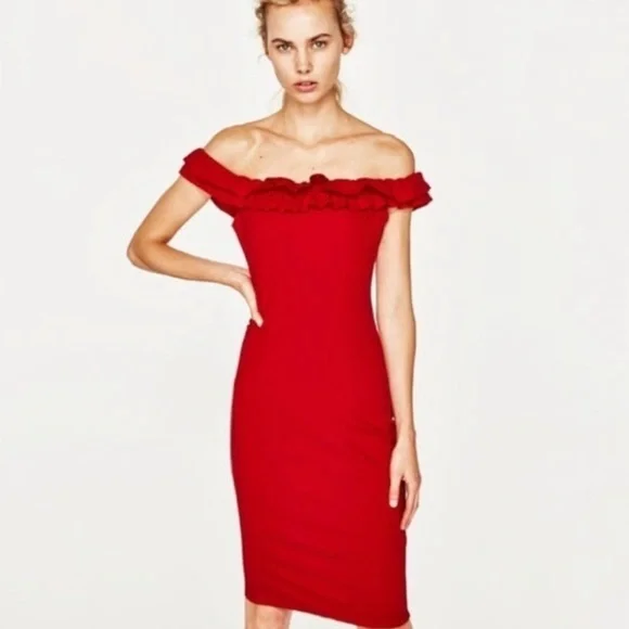 zara red off shoulder dress Zara red dress with off-shoulder design - 25,00